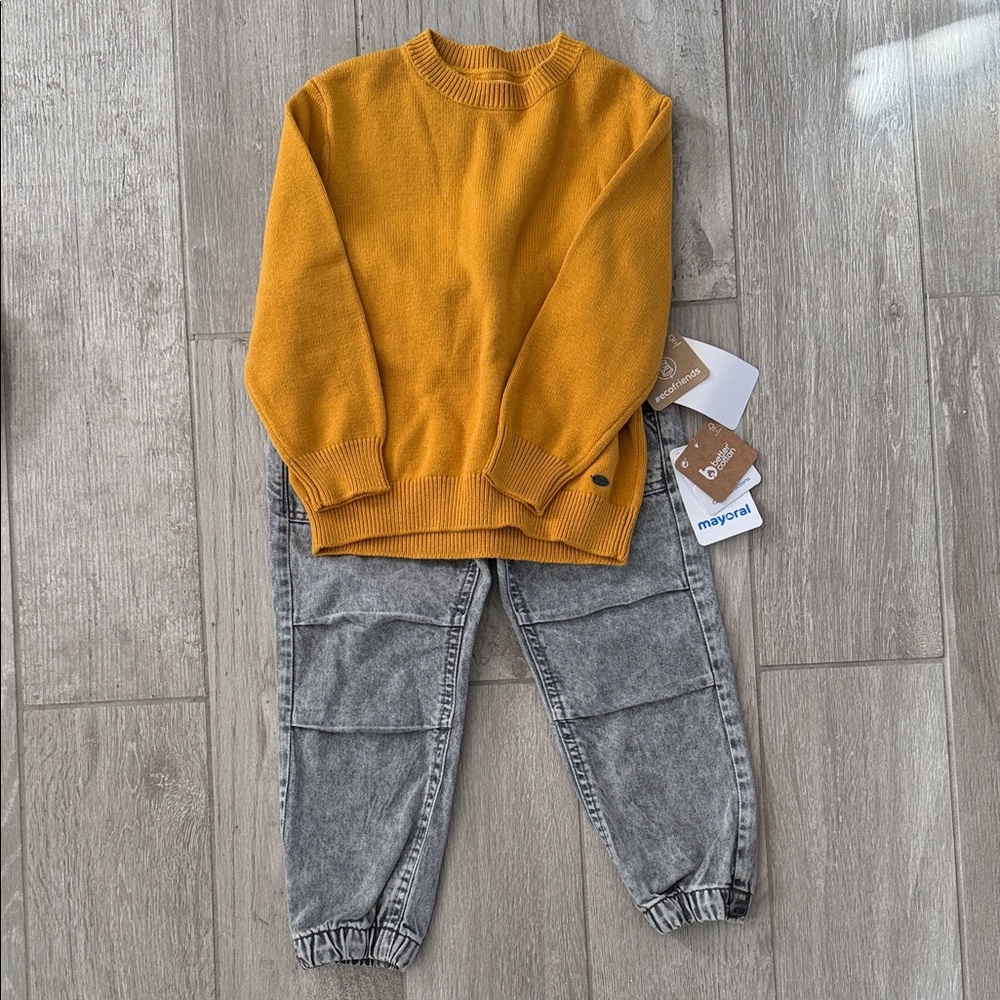 Mayoral Mustard Sweater and Gray Jeans Outfit for Kids, Size 4, NWT